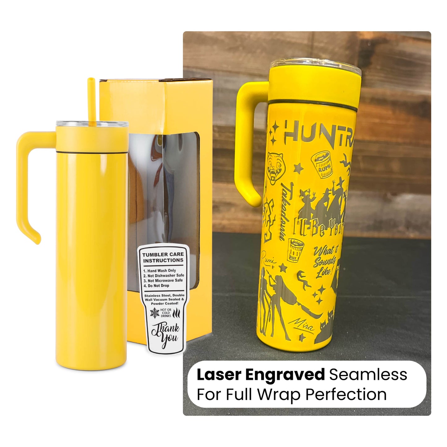 Full wrap engraving made easy, seamless tumbler exterior and optional handle twists onto the top  – 20oz skinny tumbler | usp
