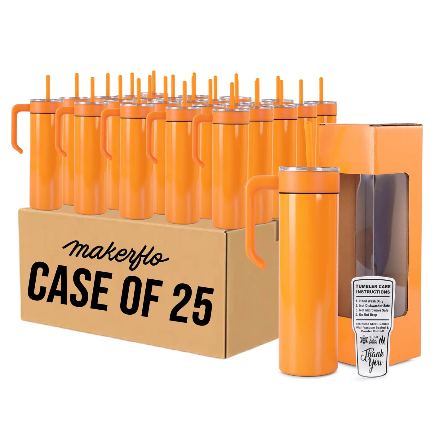 20oz skinny tumbler with handle, orange, bulk case of 25