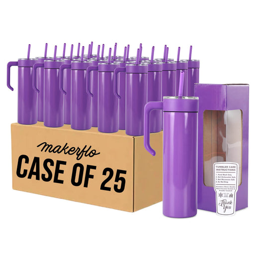 20oz skinny tumbler with handle, purple, bulk case of 25