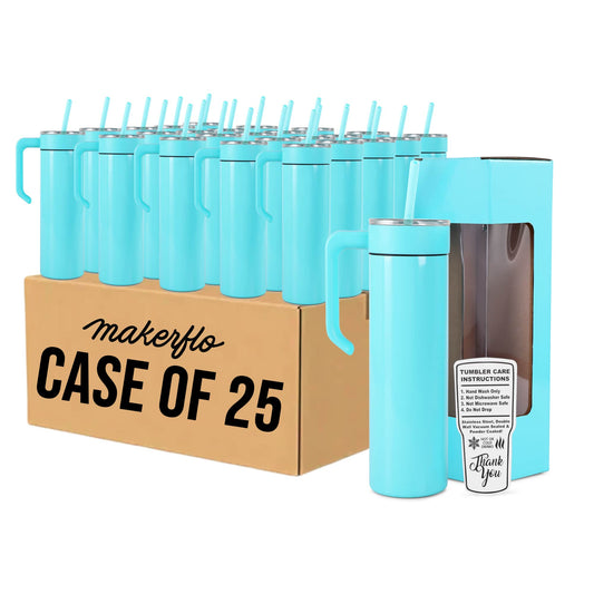 20oz skinny tumbler with handle, teal, bulk case of 25