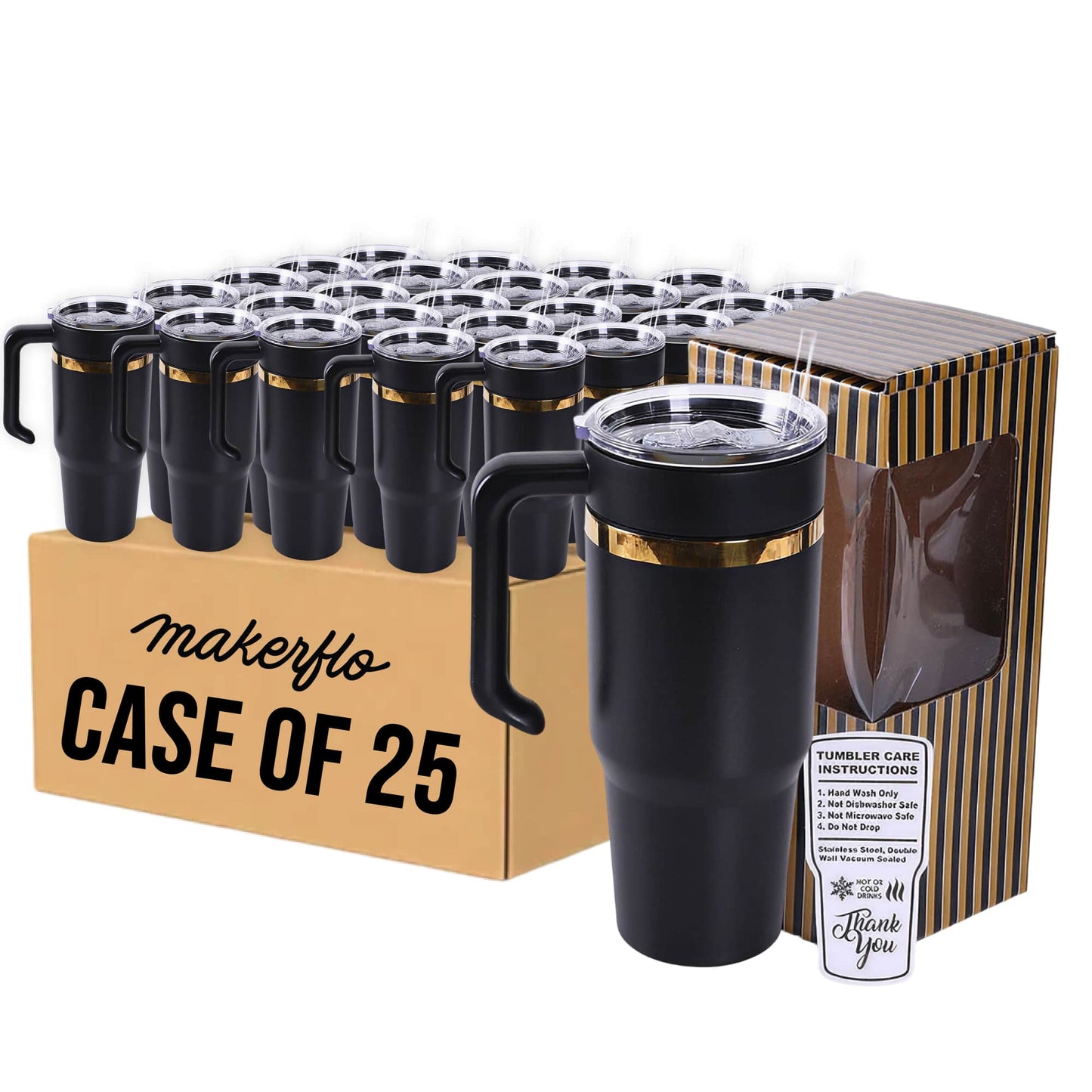 30oz gold electroplated tumbler with handle in black, case of 25