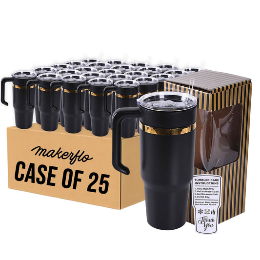 30oz gold electroplated tumbler with handle in black, case of 25