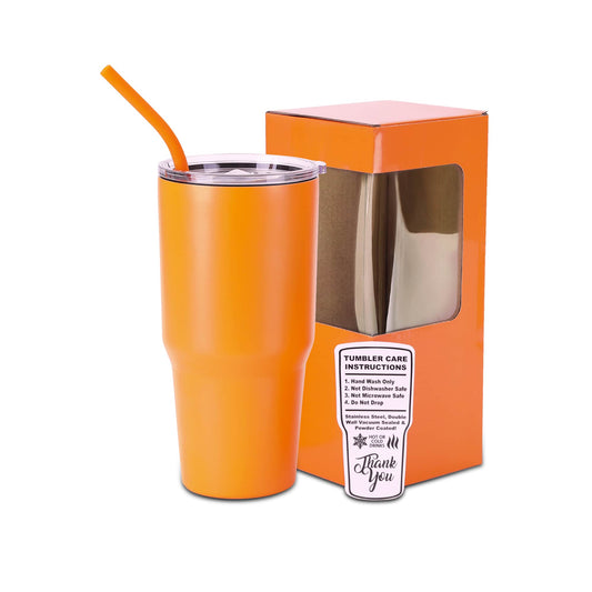 30oz tumbler, orange, powder coated stainless steel
