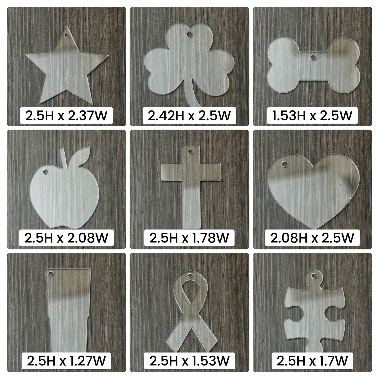 acrylic keychain blanks, all pre-pierced, about 2.5" by 2.5"