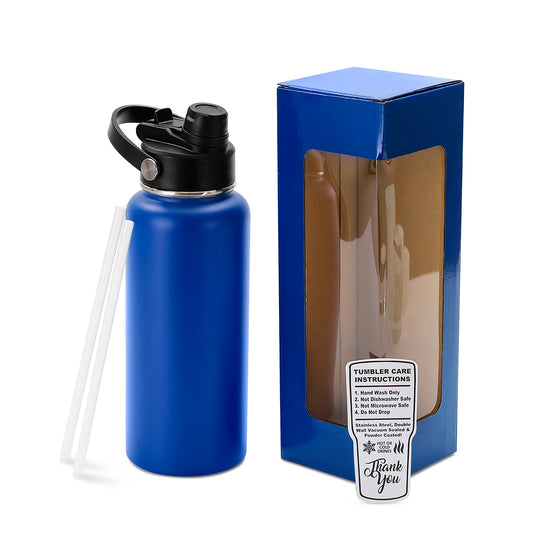 blue powder coated water bottle with box and straw