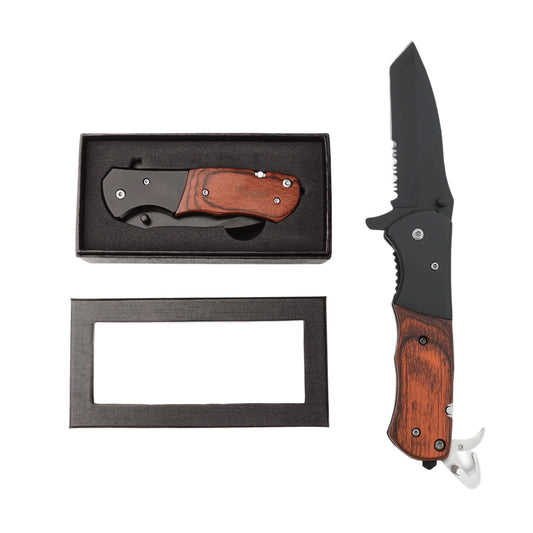 pocket knife in rosewood, shown open and closed with gift box