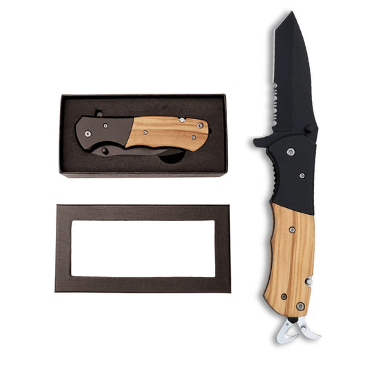Folding knife with wooden handle and black blade, open and closed, on a white background