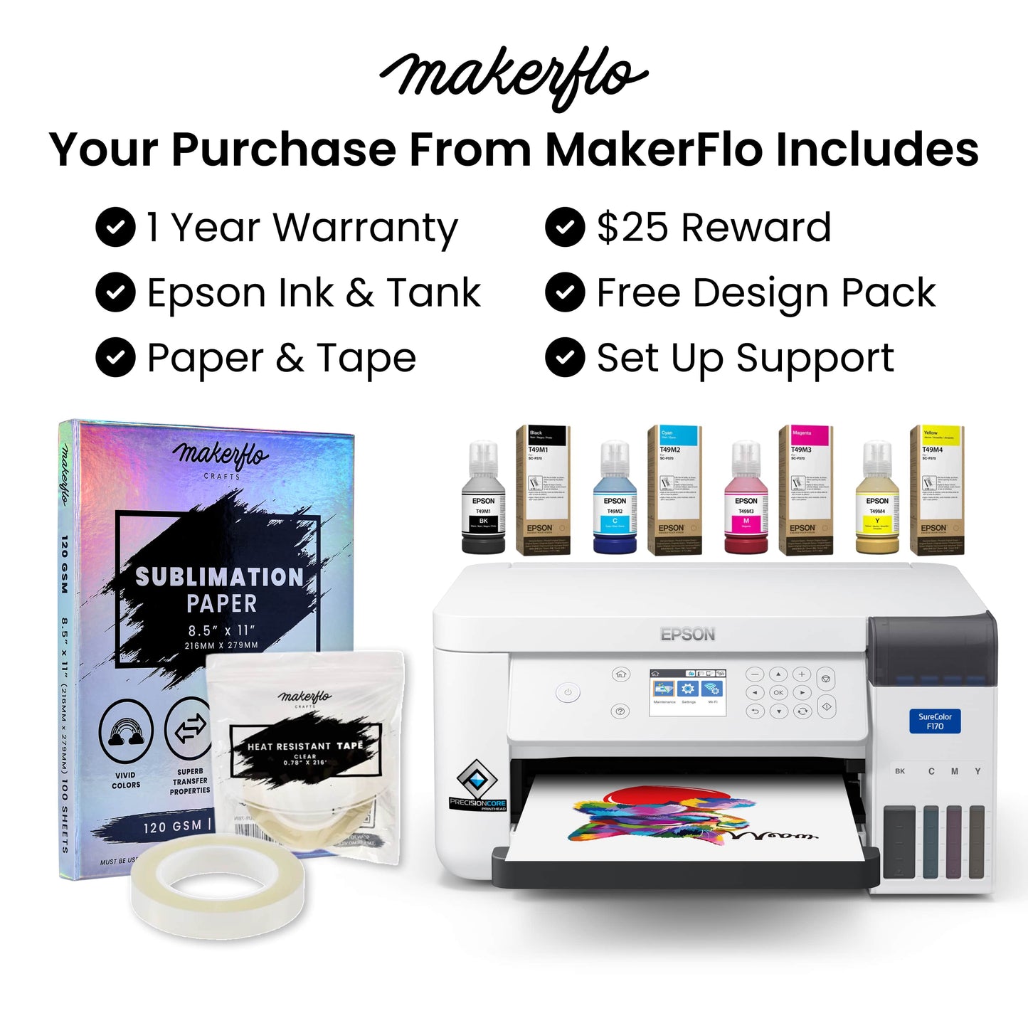Epson F170 printer includes warranty, support, design pack, full set epson ink, paper
