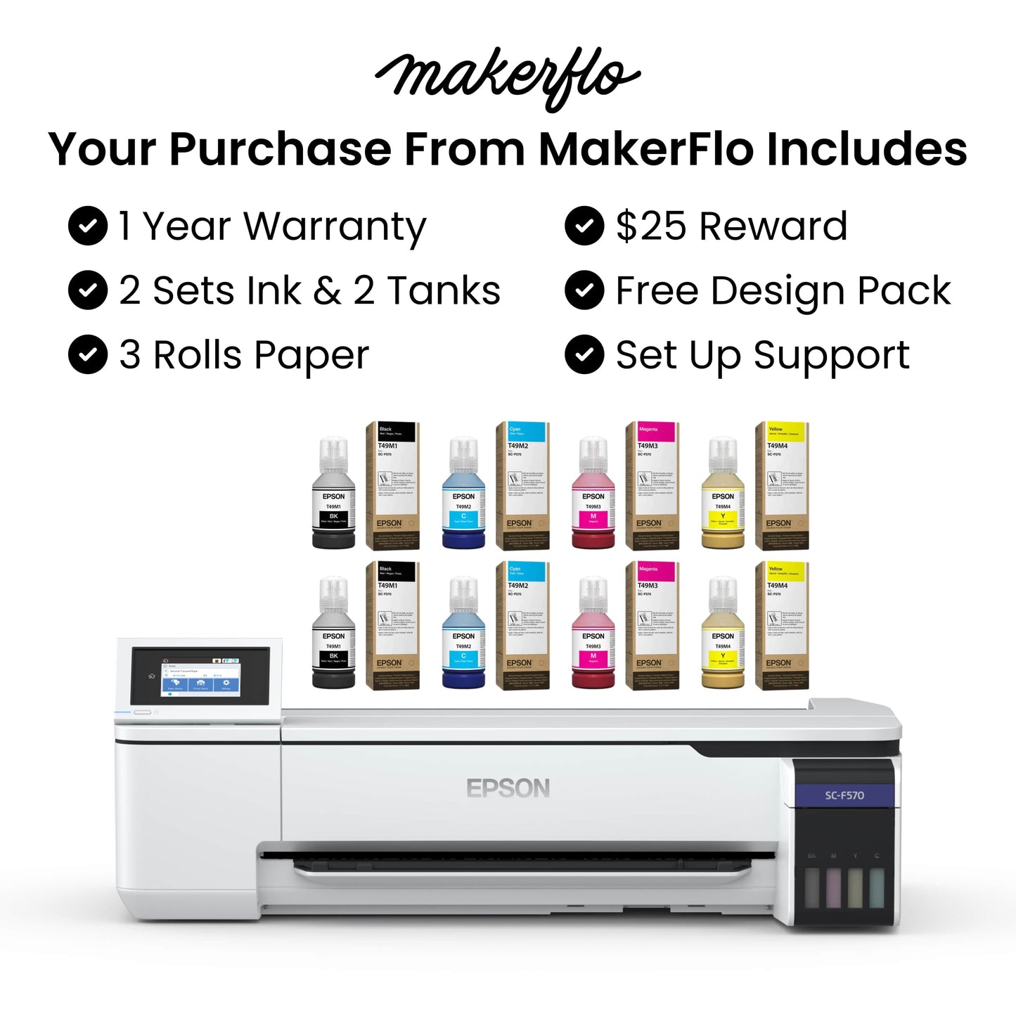 epson f570 purchase includes 1 year warranty, support, design pack, flo reward, 2 sets ink, 2 tanks & 3 rolls paper