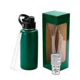green powder-coated water bottle with box and straw