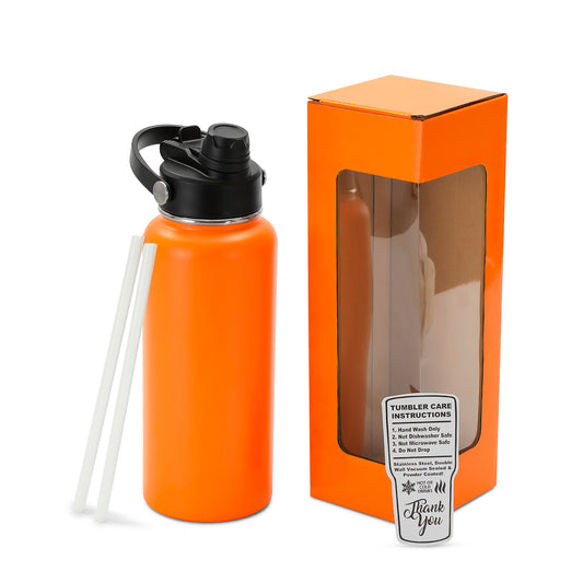 orange powder coated water bottle with box and straw
