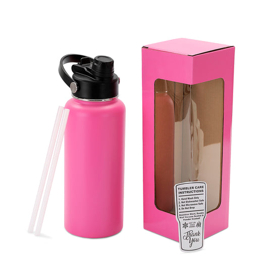 pink powder coated water bottle with box and straw