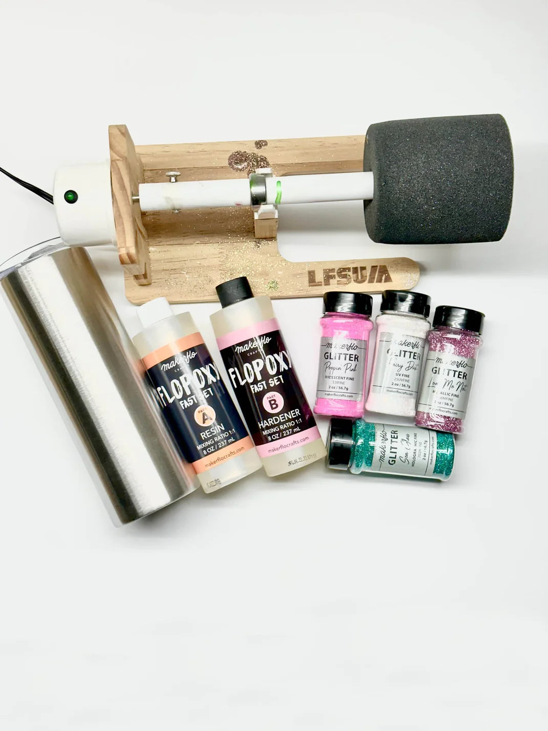 epoxy resin and hardener with tumbler cup turner and glitter