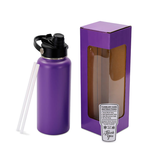 purple powder coated water bottle with box and straw