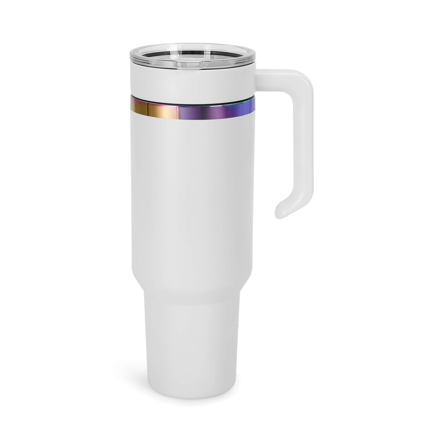 white rainbow-plated tumbler with handle