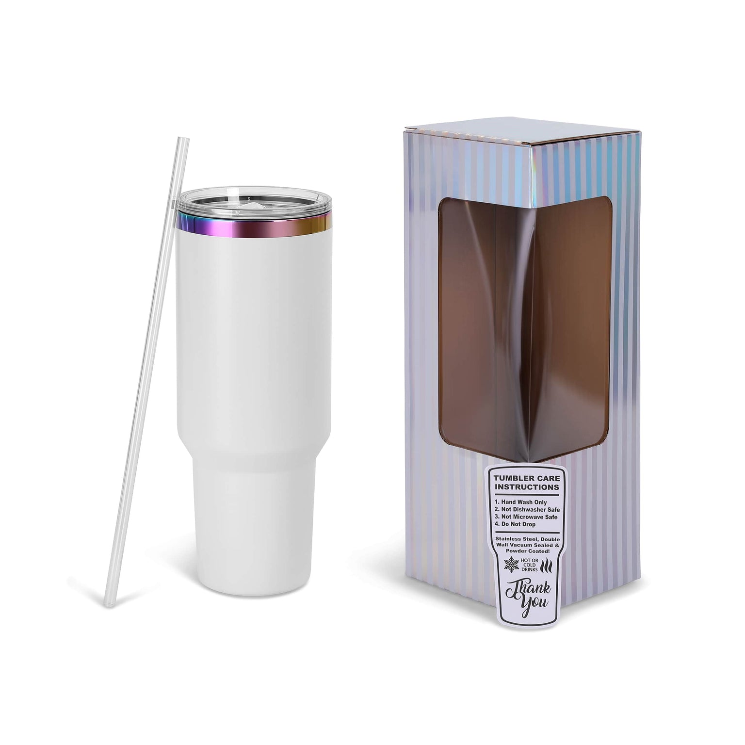 white rainbow-plated tumbler, with box