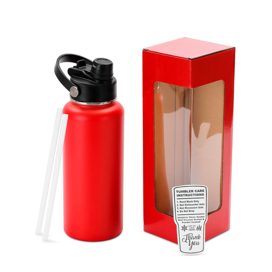 red powder coated water bottle with box and straw