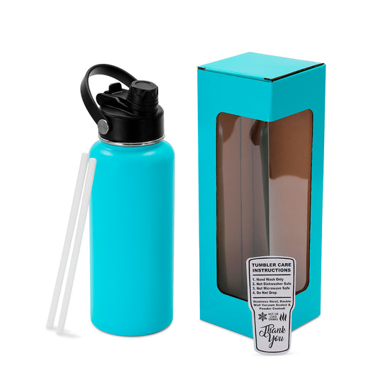 teal powder coated water bottle with box and straw