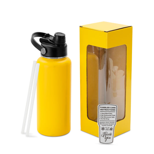 yellow powder coated water bottle with box and straw