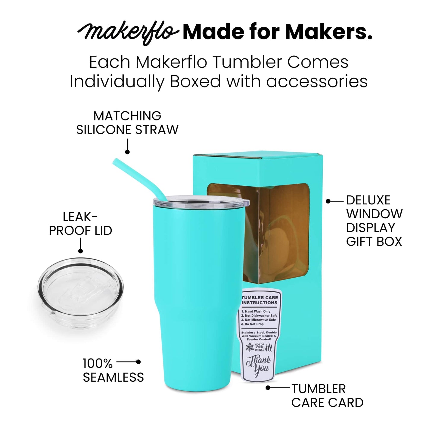 MakerFlo Tumbler Features - Premium Box, Accessories includes