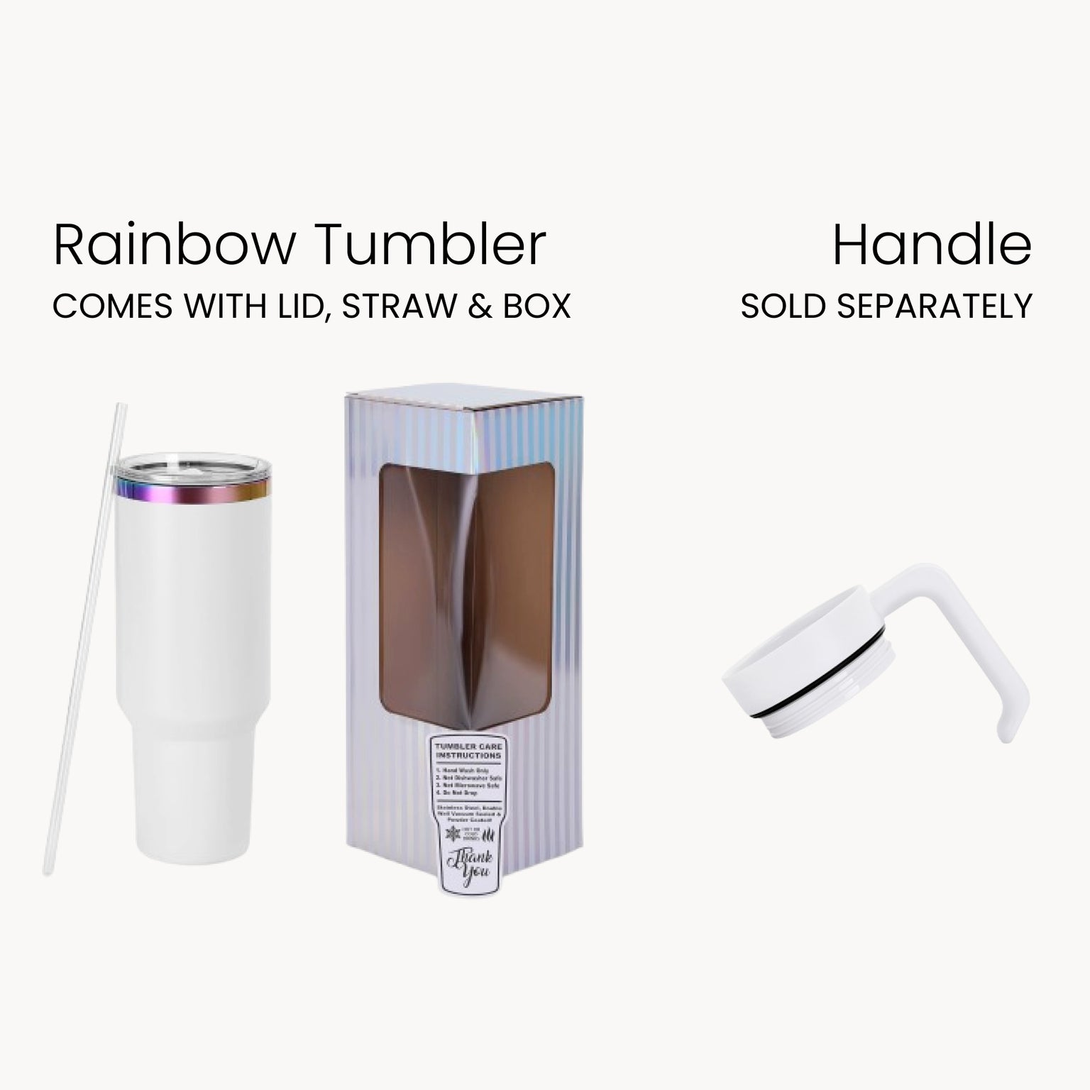 white rainbow-plated tumbler, handle accessories