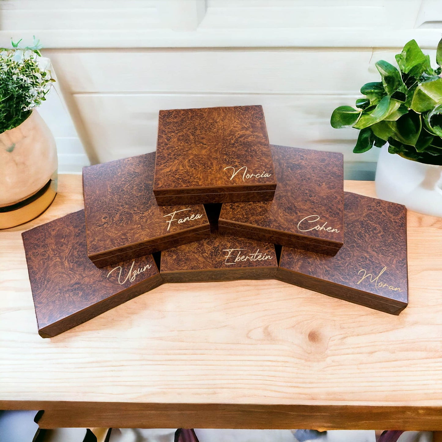 valet box, burlwood, engraved