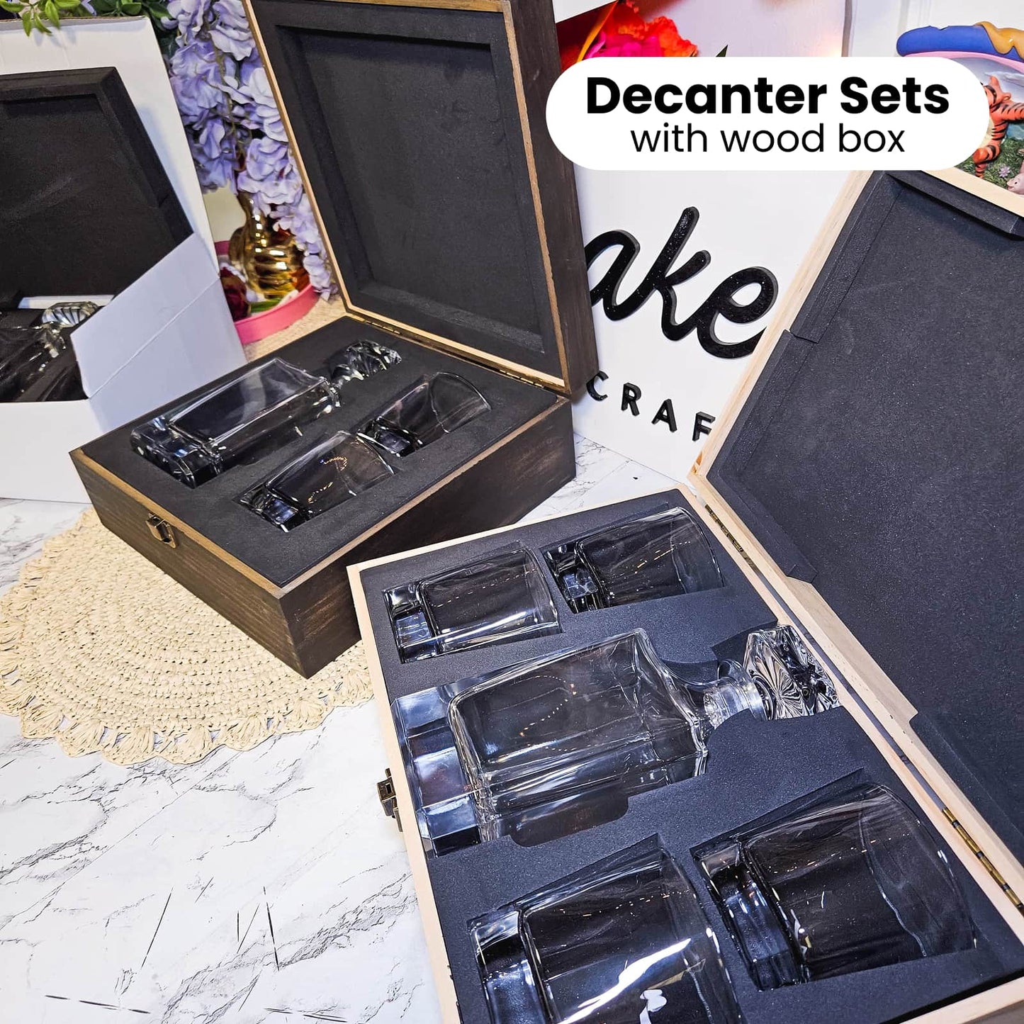 Decanter sets with wood box 2 glass set or 4 glass set