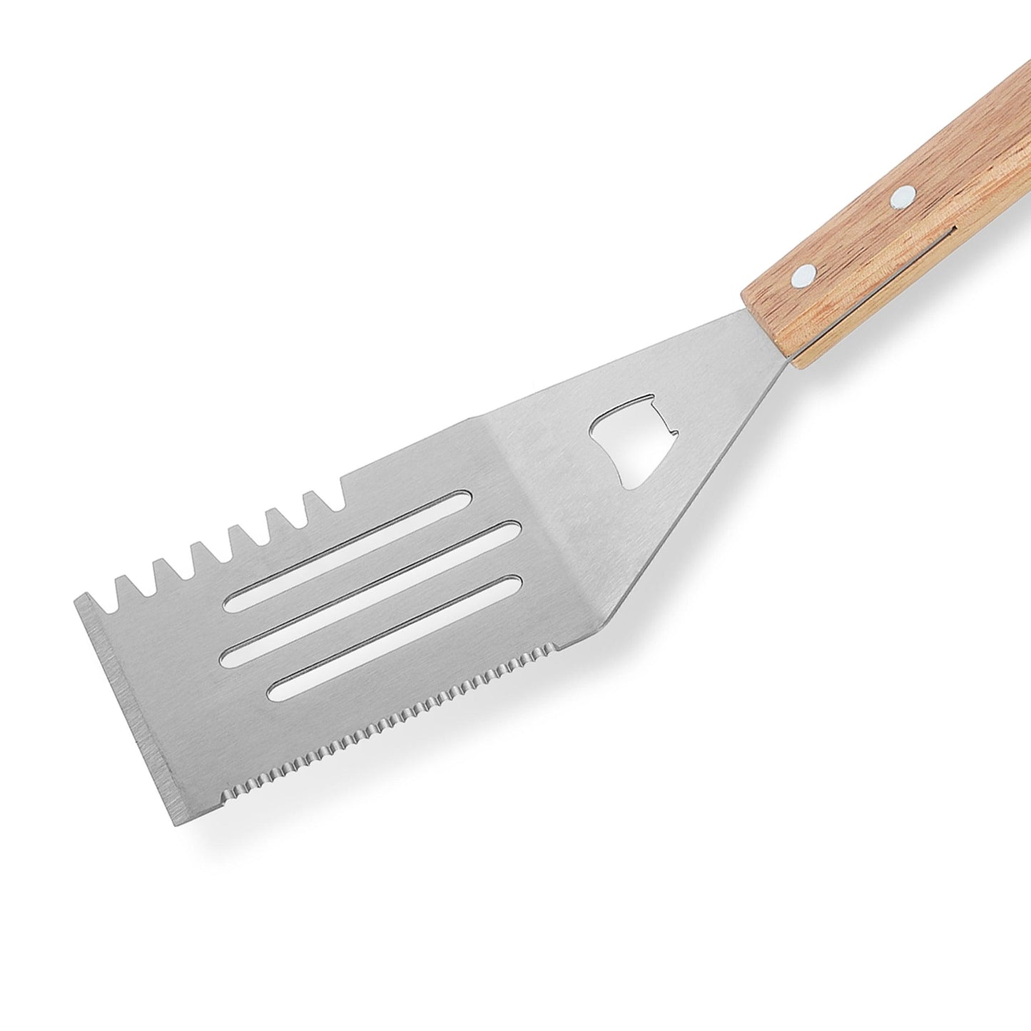 Grill spatula, with meat tenderizer and serrated edge