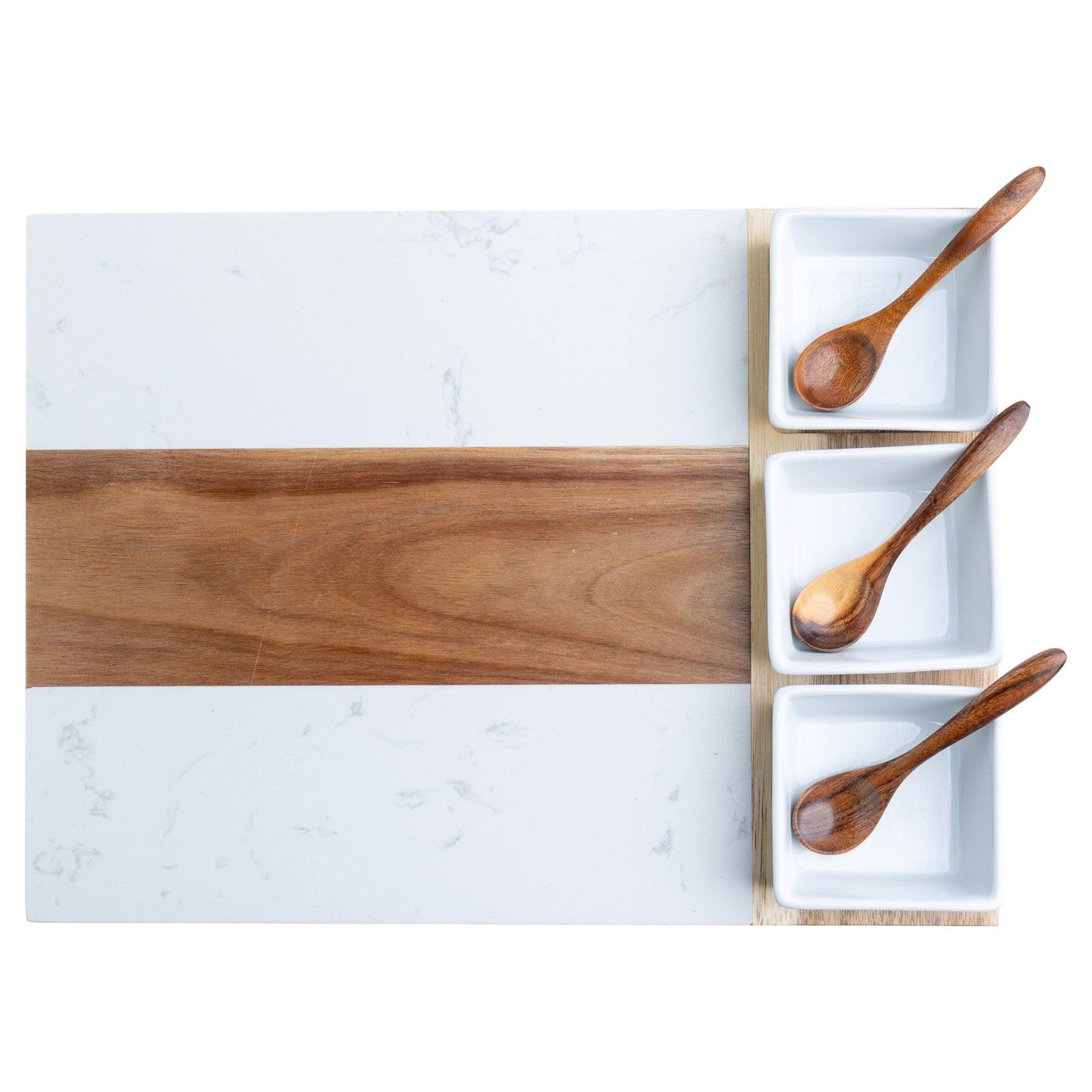 charcuterie board with sauce bowls and spoons