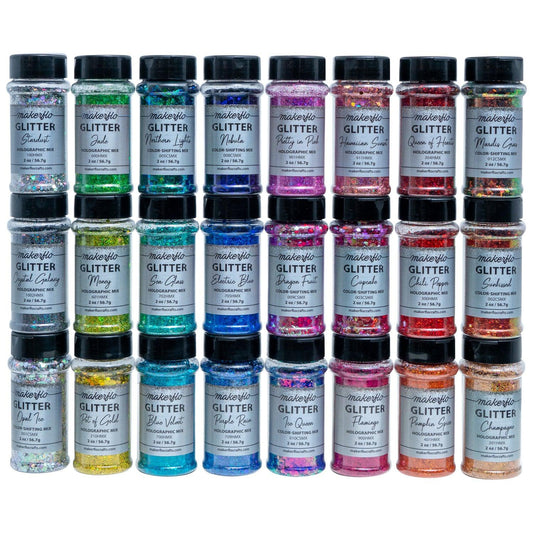 A set of 24 colorful chunky glitter samples in various colors, each in a round shaker bottle.