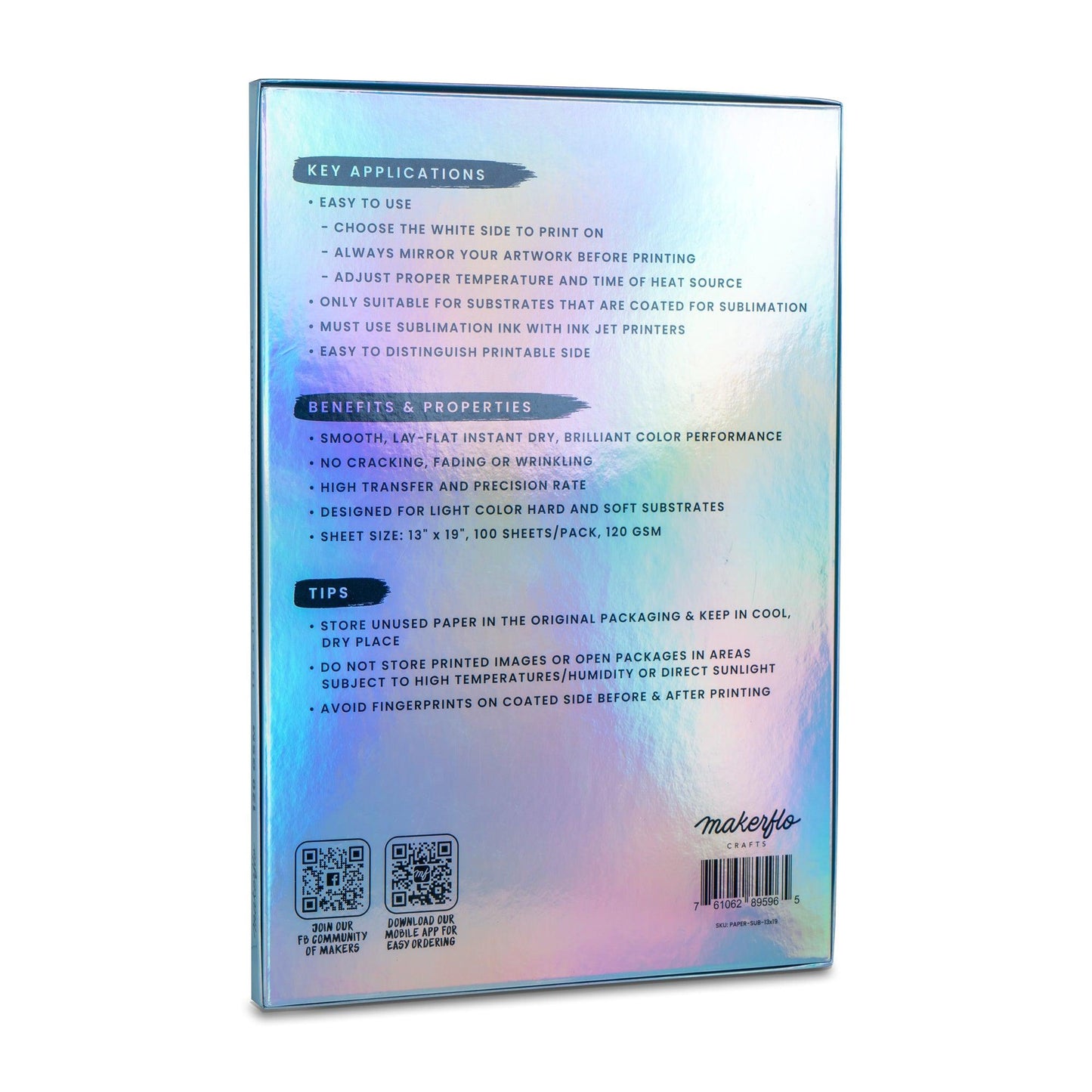 13x19, pack 100, back of box