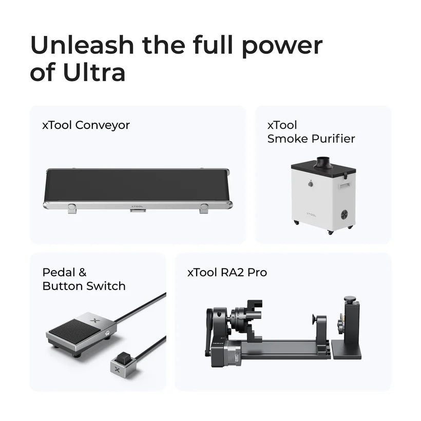 xtool conveyor, smoke purifier, pedal & switch, ra2 Pro rotary