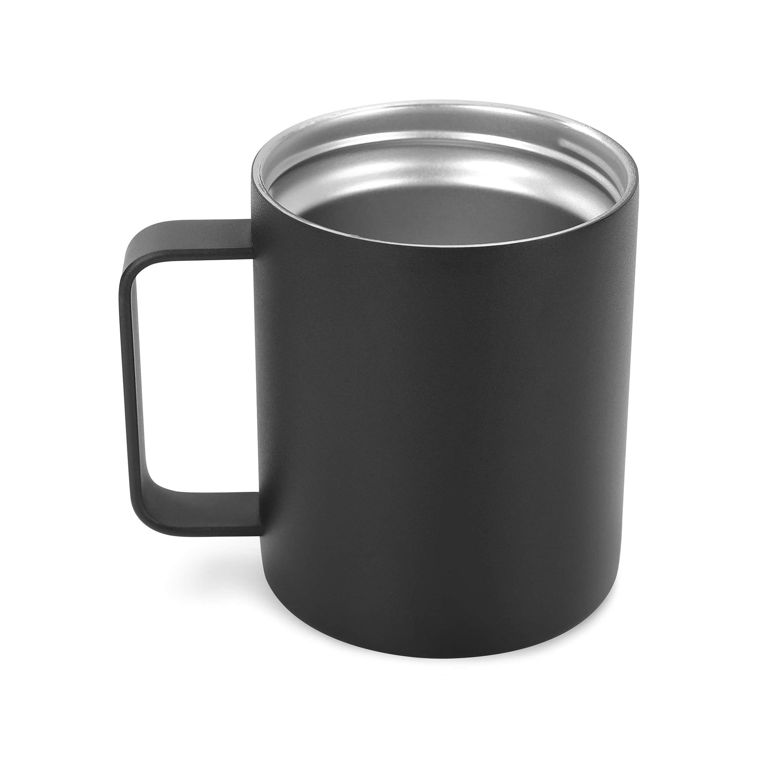 black powder coated coffee mug, grooved for screw on, leak-proof lid