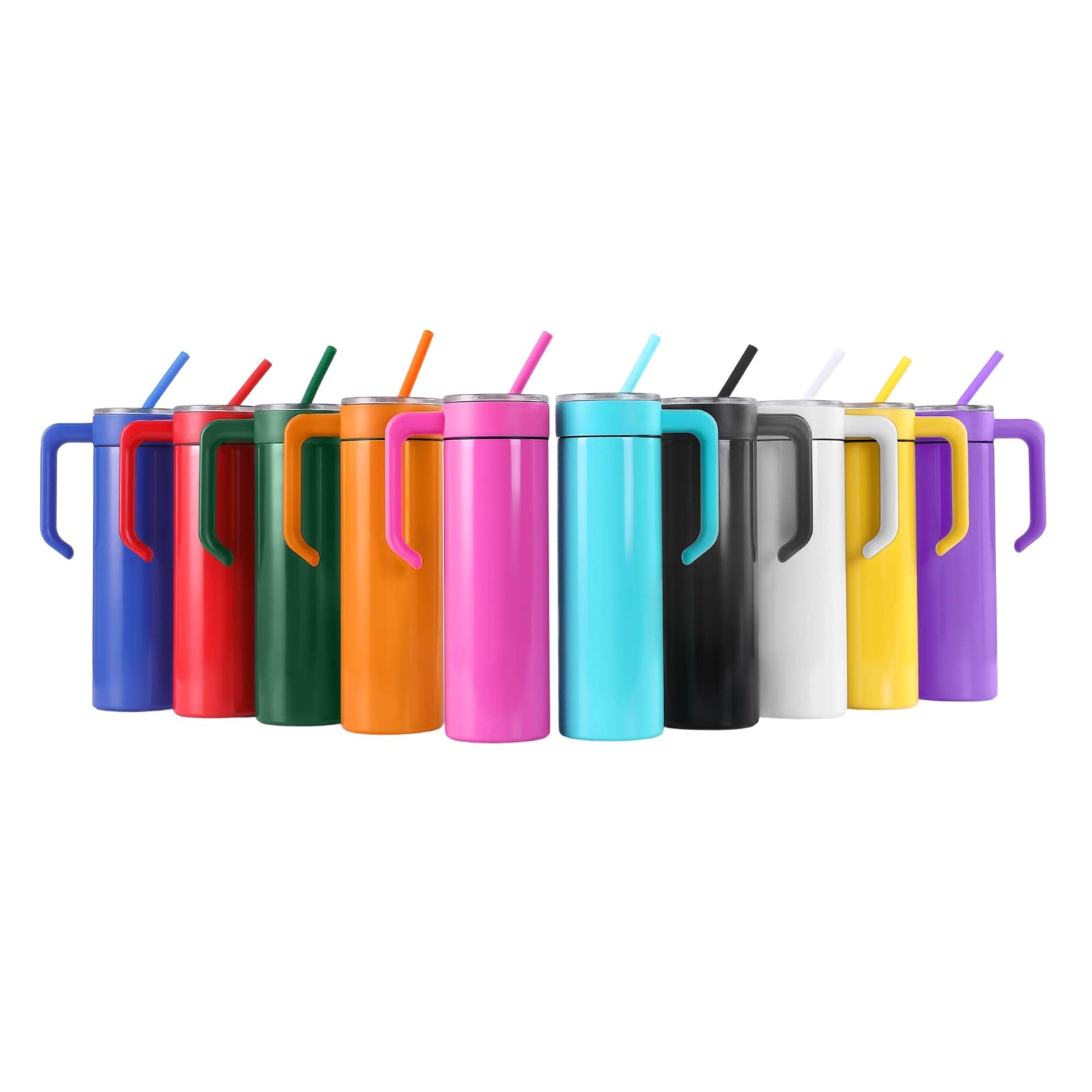 20oz skinny powder coated tumblers with matching twist-on handle in 10 colors
