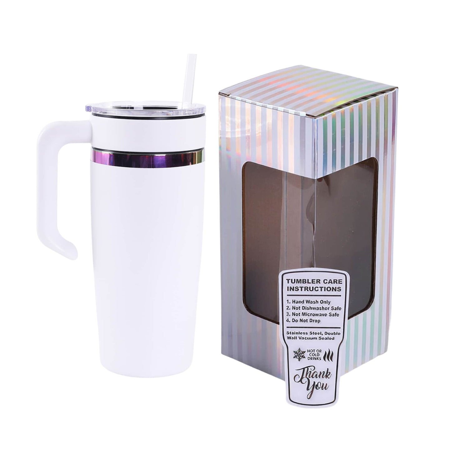 20oz rainbow electroplated tumbler with handle in white, with gift box