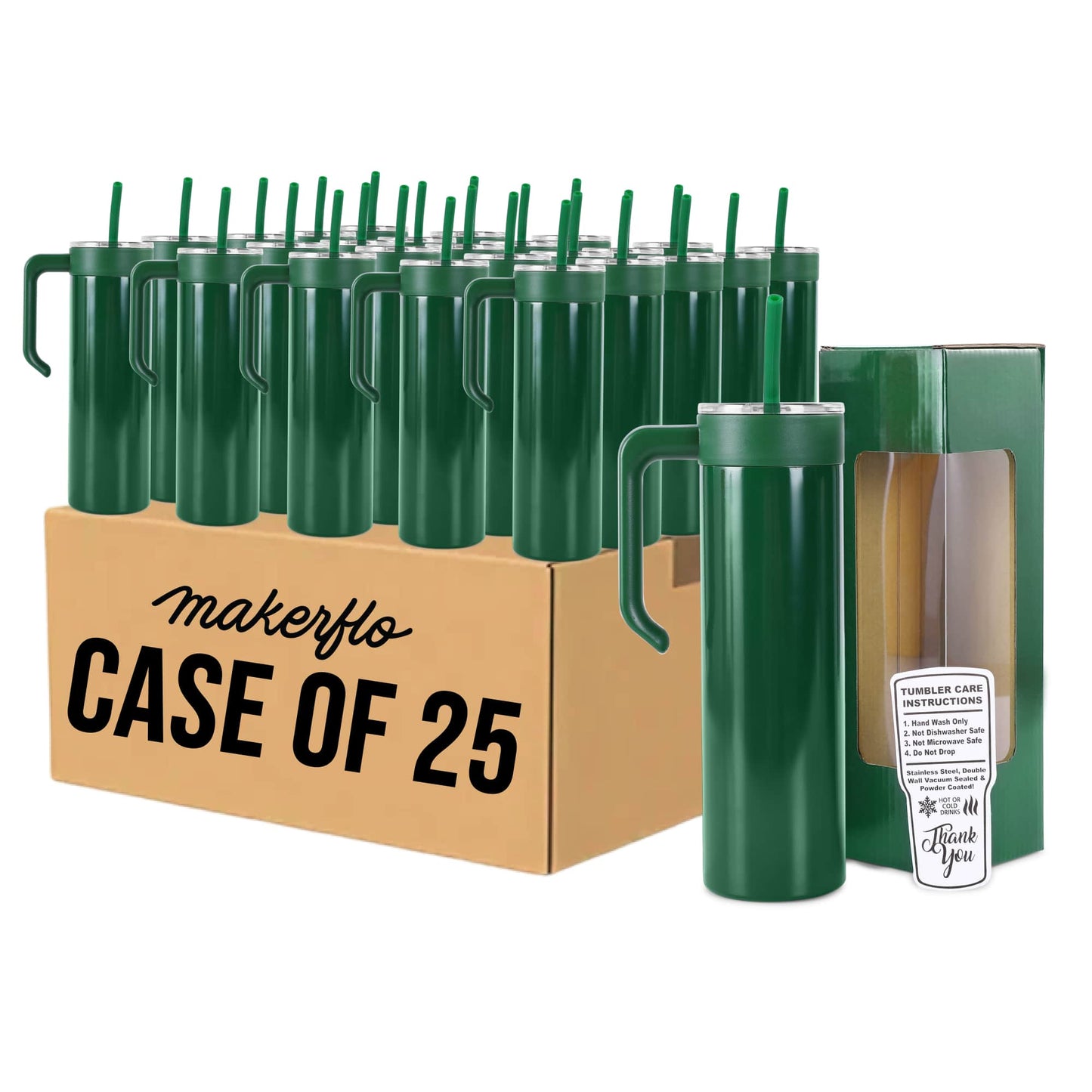 20oz skinny tumbler with handle, green, bulk case of 25