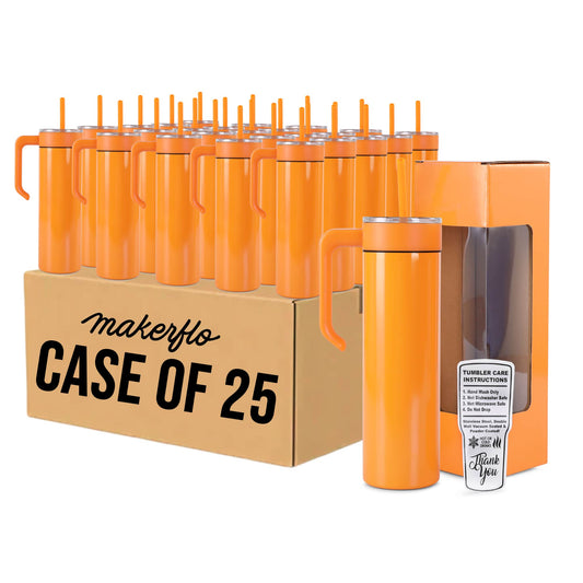 20oz skinny tumbler with handle, orange, bulk case of 25