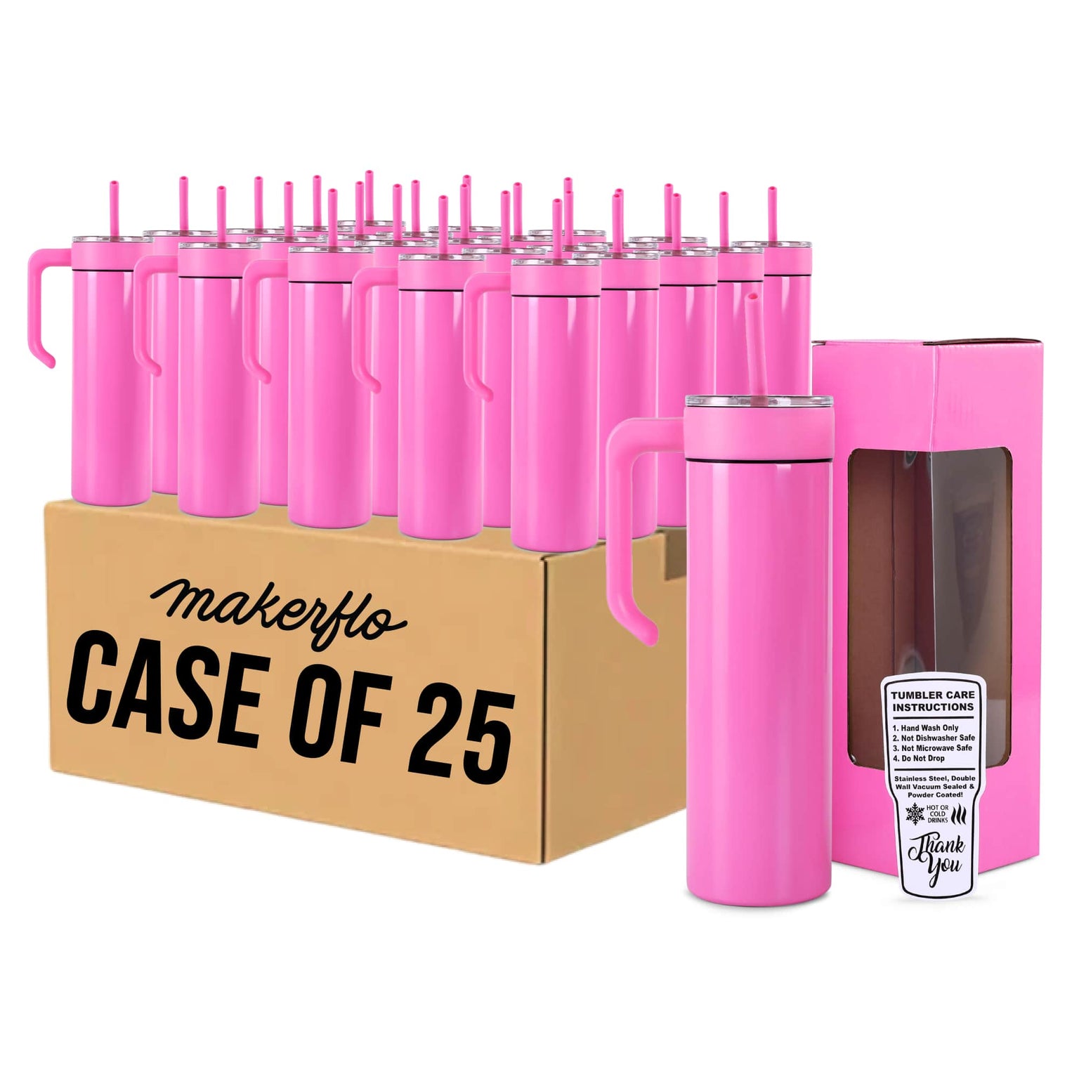 20oz skinny tumbler with handle, pink, bulk case of 25