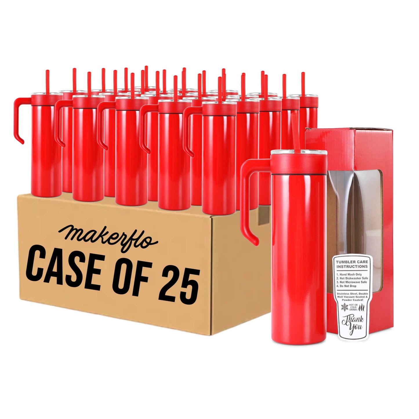 20oz skinny tumbler with handle, red, bulk case of 25