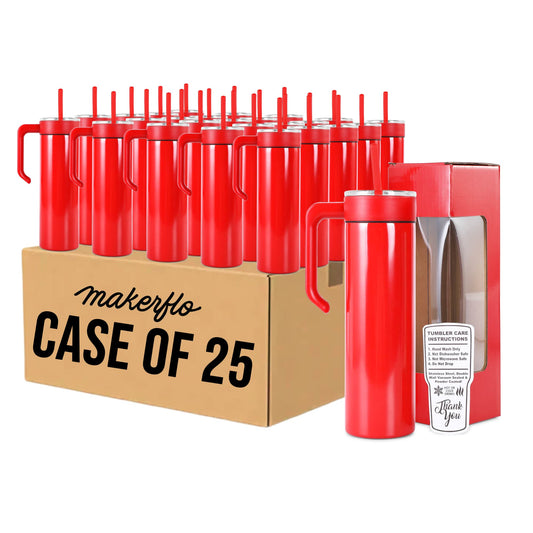 20oz skinny tumbler with handle, red, bulk case of 25