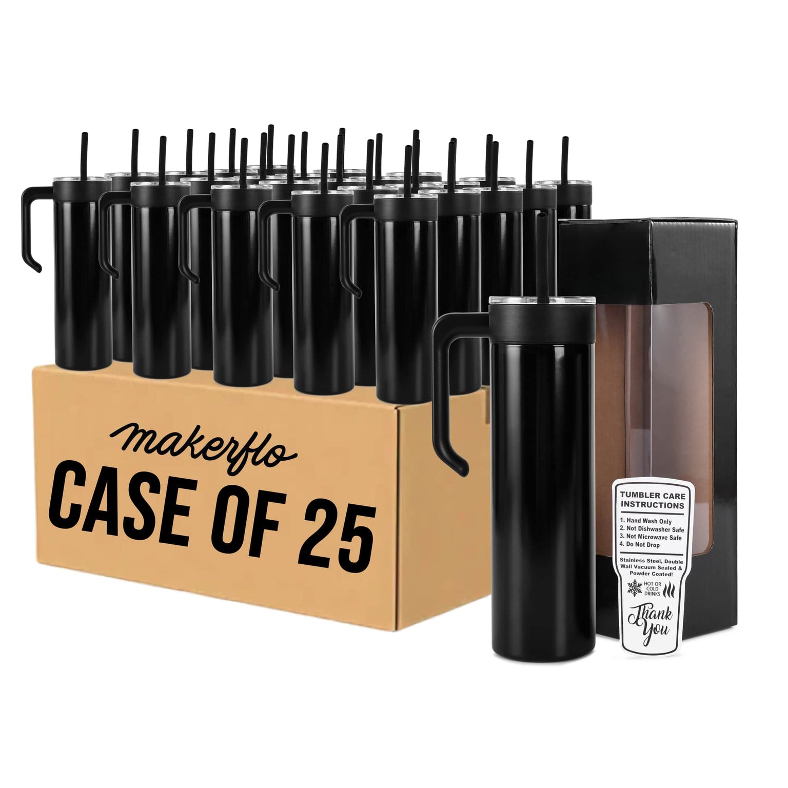 20oz skinny tumbler with handle, black, bulk case of 25
