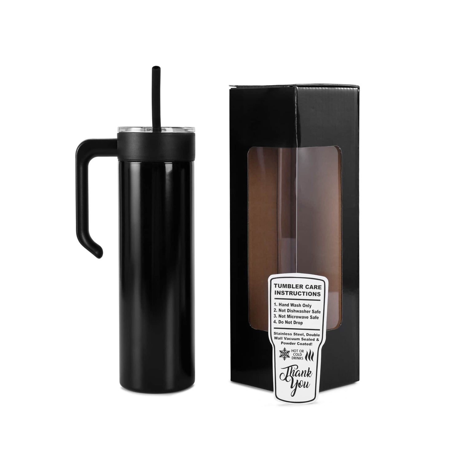 20oz skinny black powder coated tumbler with matching twist-on handle