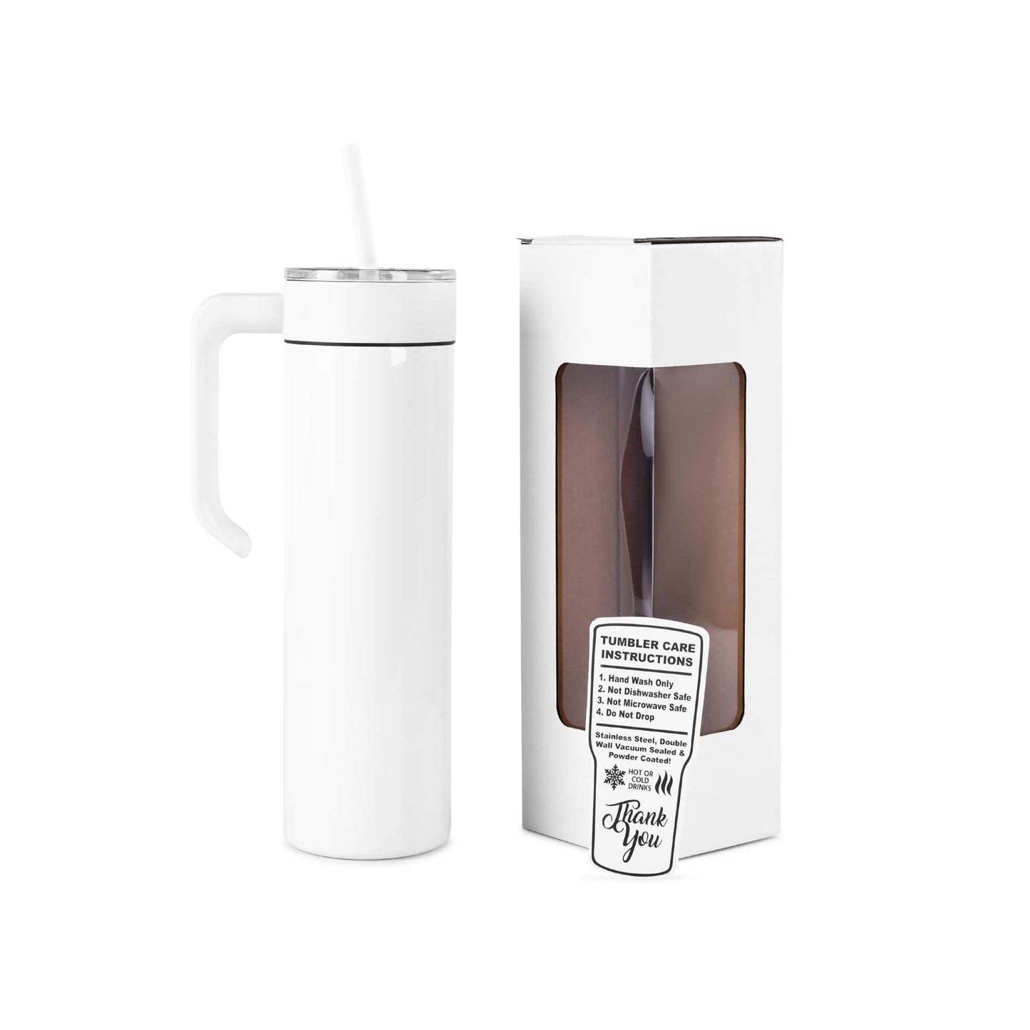 20oz skinny tumbler with handle, white