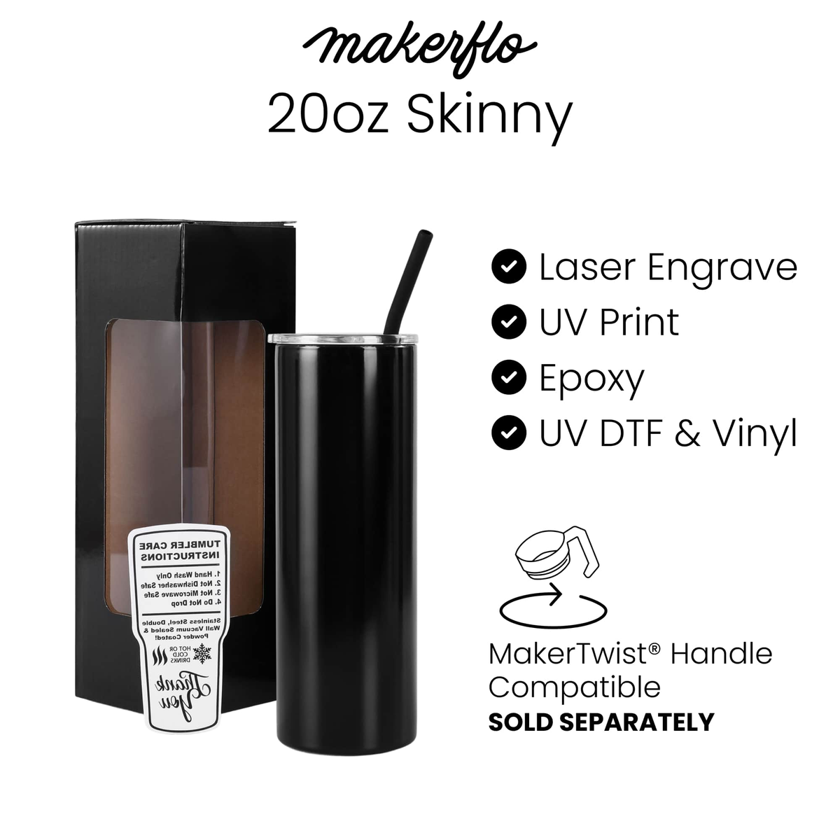 Black 20oz skinny tumbler with packaging and text detailing features on a white background