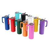 Colorful insulated tumblers with handles and straws on a white background