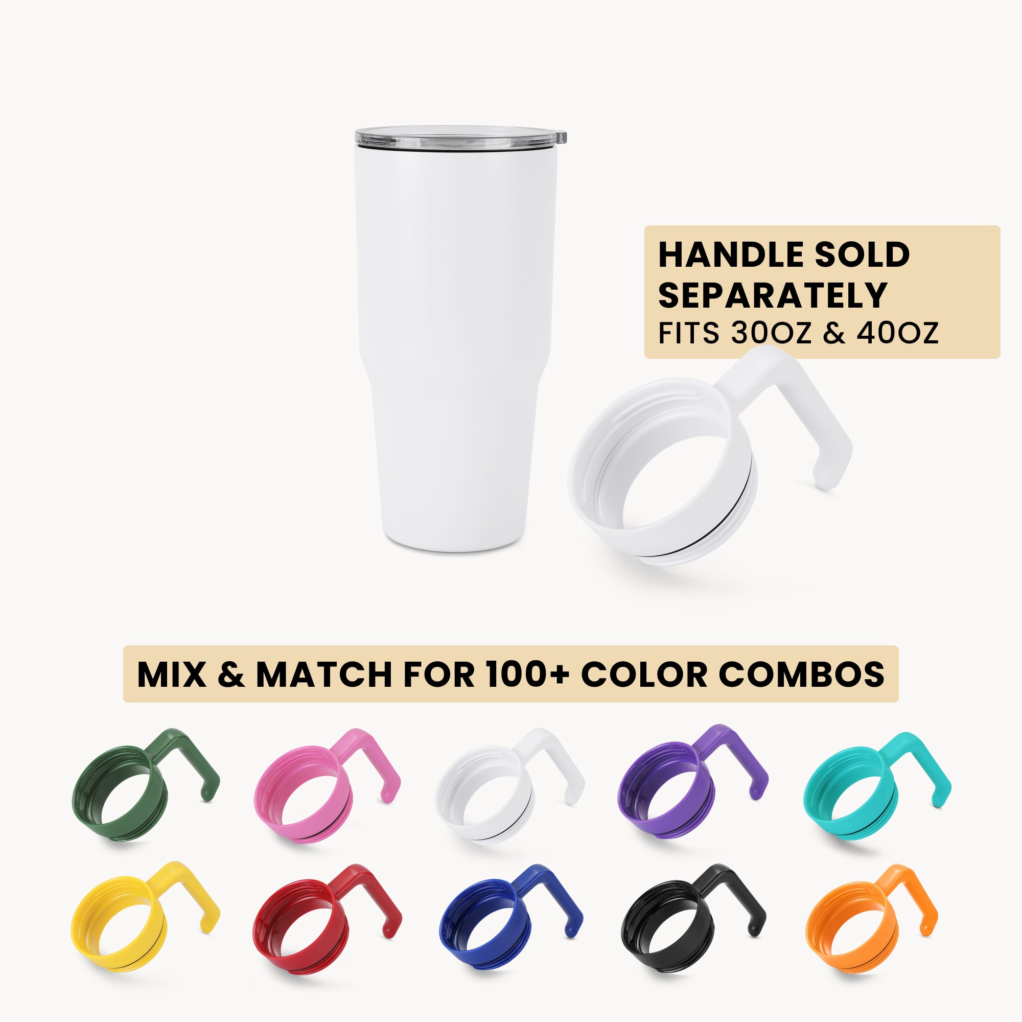 30oz tumbler, white, handle color options