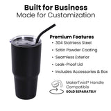 Black insulated tumbler with straw on a white background, featuring text about product features and optional twist on handle, sold separately