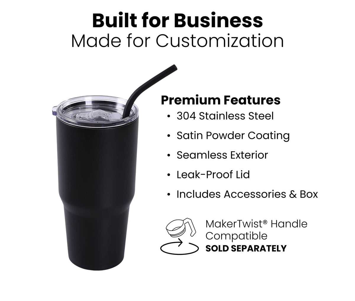 Black insulated tumbler with straw on a white background, featuring text about product features and optional twist on handle, sold separately