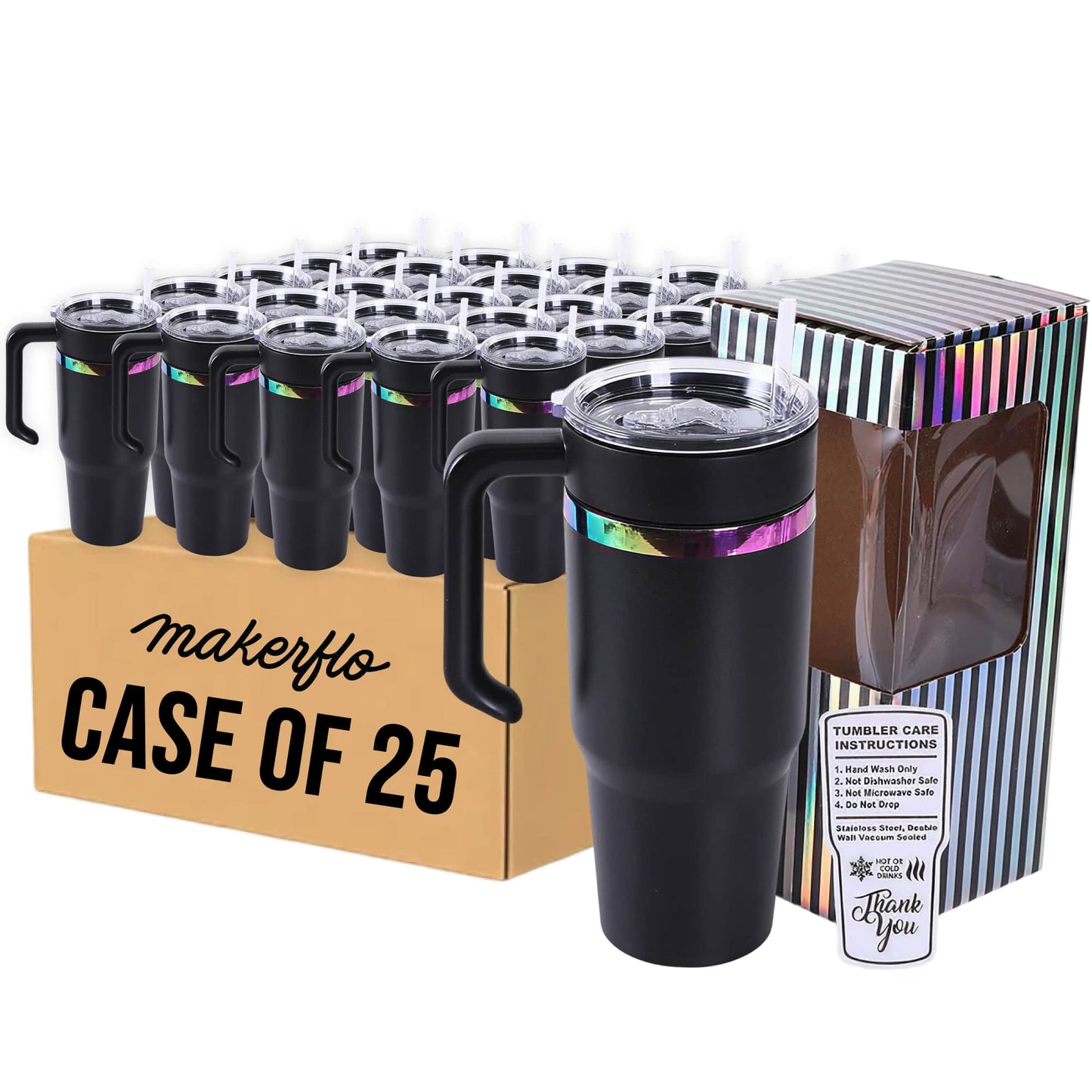 30oz rainbow electroplated tumbler with handle in black, case of 25