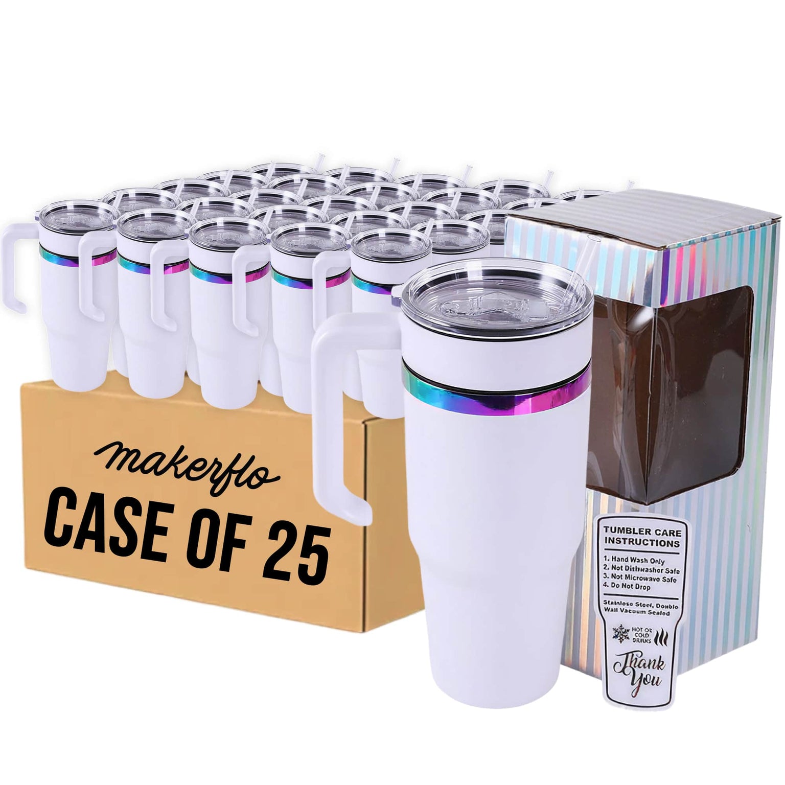 30oz rainbow electroplated tumbler with handle in white, case of 25